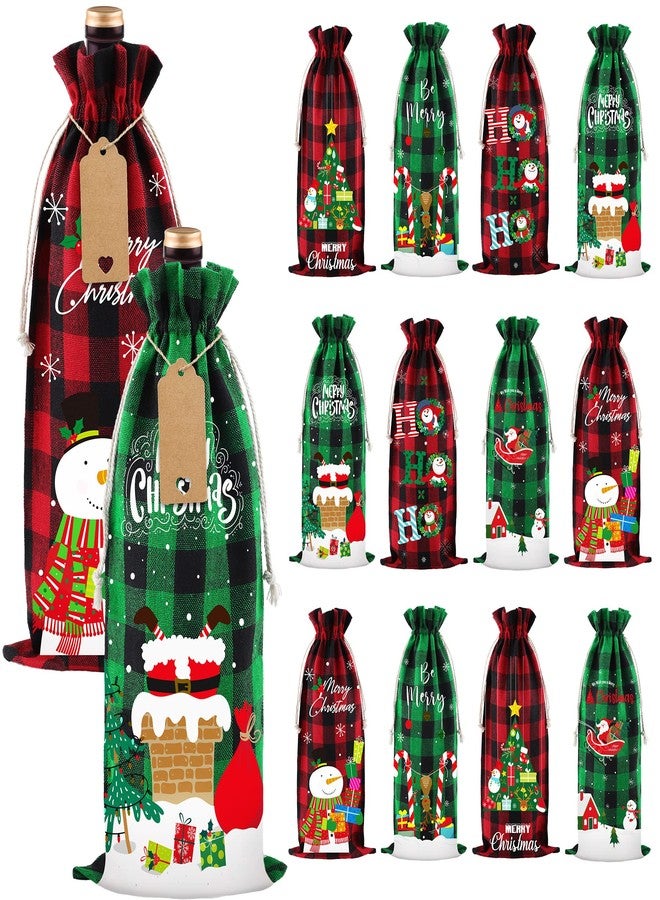 MIMIND 12 Burlap Wine Bags - Christmas & Xmas Gift Bags with Drawstrings, Gift Tags & Ropes - Buffalo Plaid, Red+Black, Green+Black - Image 1